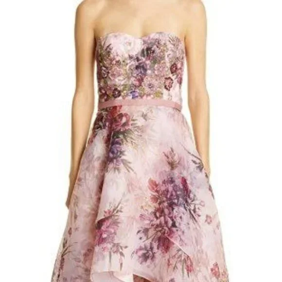 STUNNING Marchesa Notte Pink Floral Print Organza High-Low Gown Size 8 - Picture 1 of 10